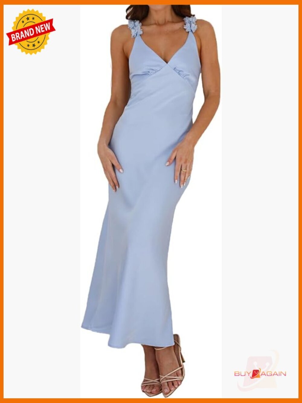 V Neck Satin Midi Dress Spaghetti Strap Backless Formal